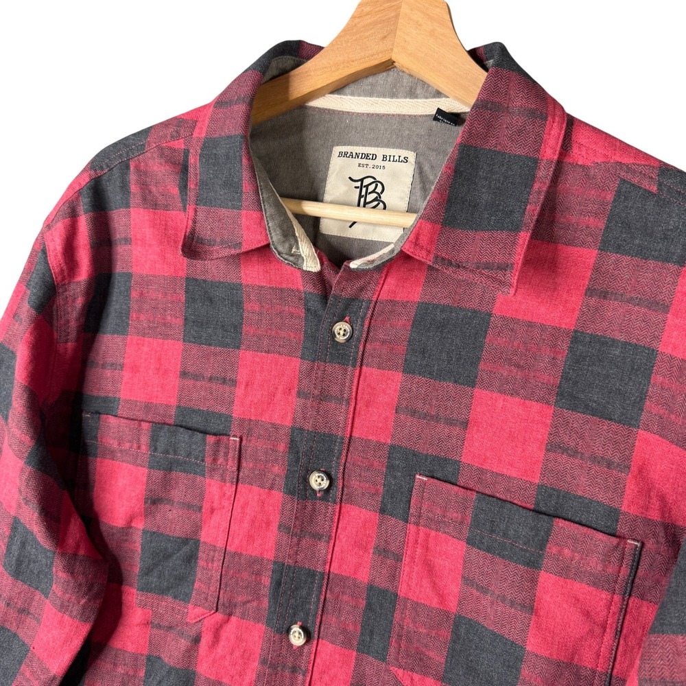 Branded Bills Mens Large Red Gray Buffalo Plaid Flannel Button Down Shirt L